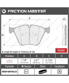 Тормозные колодки FRICTION MASTER MKD1443 для БМВ 7 (F01, F02) 10.08; X6 (E71, E72) 05.08; X5 (E70) 02.0; (F15) 05.13; 5 (F07) Gran Turismo 10.09