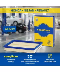 Фильтр воздушный автомобильный Goodyear GY2219 для HONDA хонда CIVIC цивик; NISSAN ниссан альмера ALMERA (N15), JUKE, NOTE II, TIIDA тиида III, X-TRAIL икстрейл II (2.5i); RENAULT рено KOLEOS колеос