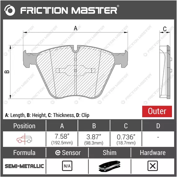 Тормозные колодки FRICTION MASTER MKD1443 для БМВ 7 (F01, F02) 10.08; X6 (E71, E72) 05.08; X5 (E70) 02.0; (F15) 05.13; 5 (F07) Gran Turismo 10.09