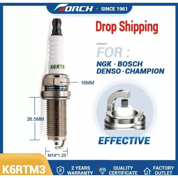 Свеча зажигания TORCH EFFECTIVE+U K6RTM3 (1 шт.) - GEELY EMGRAND 7 / HAIMA S5 / JAC J5 / BRILLIANCE M2, V3, V5